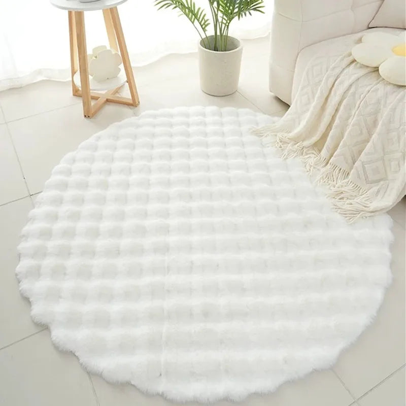 Ins Solid Color Fluffy Round Area Rug Plush Sofa Couch Cushion Bubble Fleece Fabric Bedroom Bedside Floor Mat Home Decor Carpet