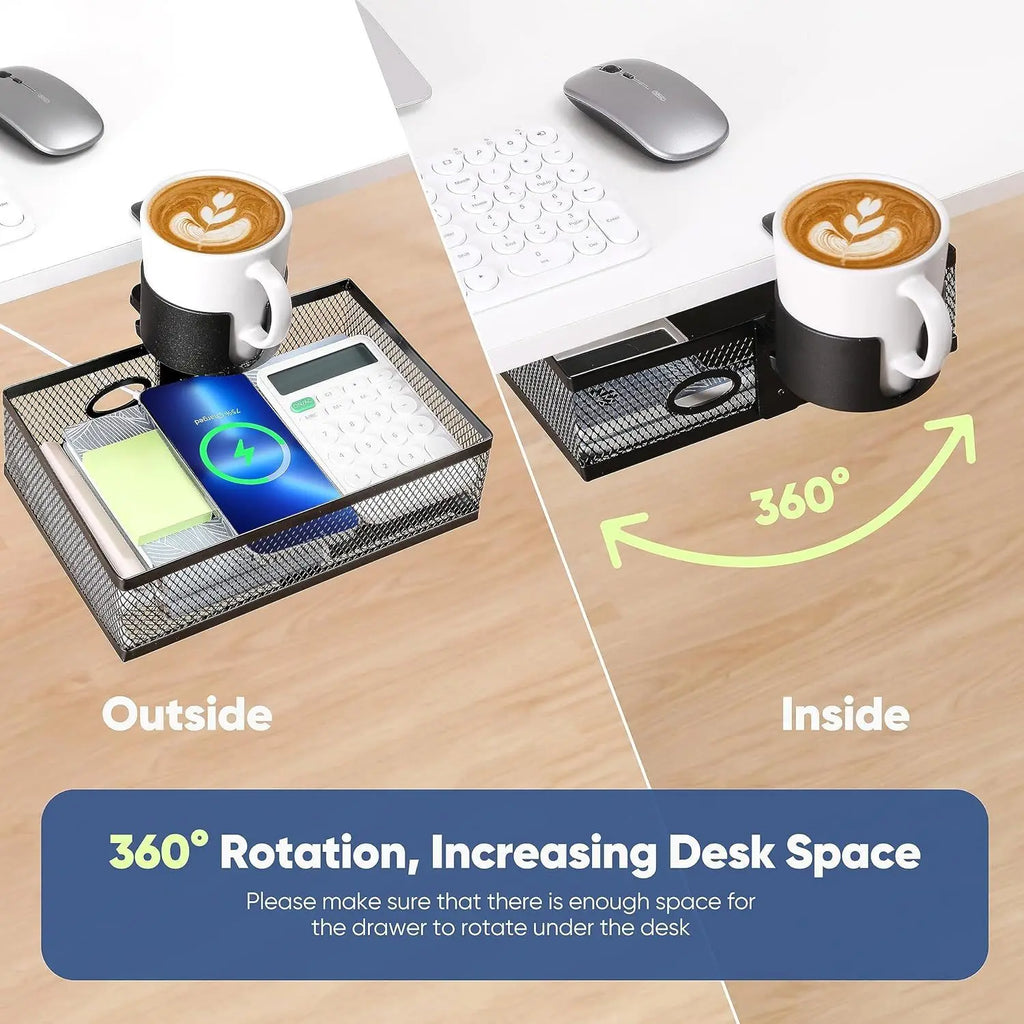 Mesh Desk Organizer with Clamp-on Swivel Pencil Drawer, having a hidden, sturdy C-Clamp mount system and easy installation.