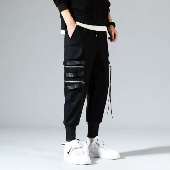 HKSH Spring Autumn New Outfit China-Chic Dark Ribbon Zipper Men Tide Dark Hooded Sweatshirt Original Punk Ins Cargo Pants HK0531