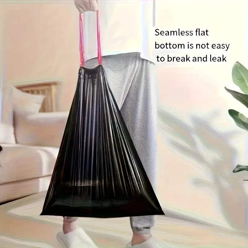 1/5 Rolls Thick Black Leak-Proof Drawstring Trash Bags - Durable Vinyl Easy-Seal for Bathroom/Kitchen/Outdoor/Restaurant/Hotel