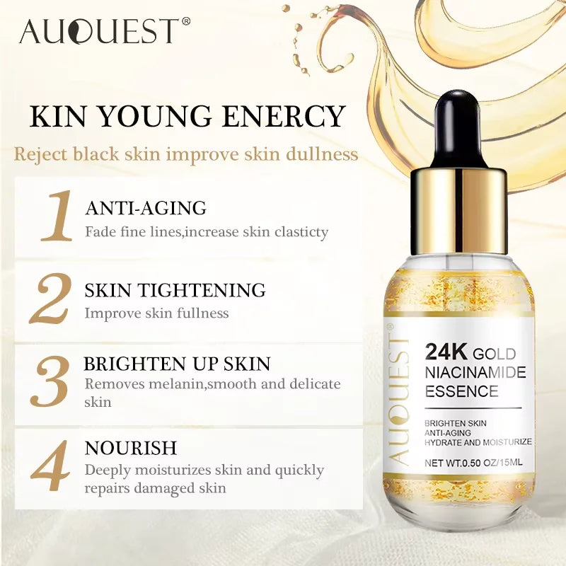 AUQUEST 24k Gold Face Serum Hyaluronic Acid Serum Moisturizing Whitening Anti Aging Wrinkle Face Skin Care 15ml