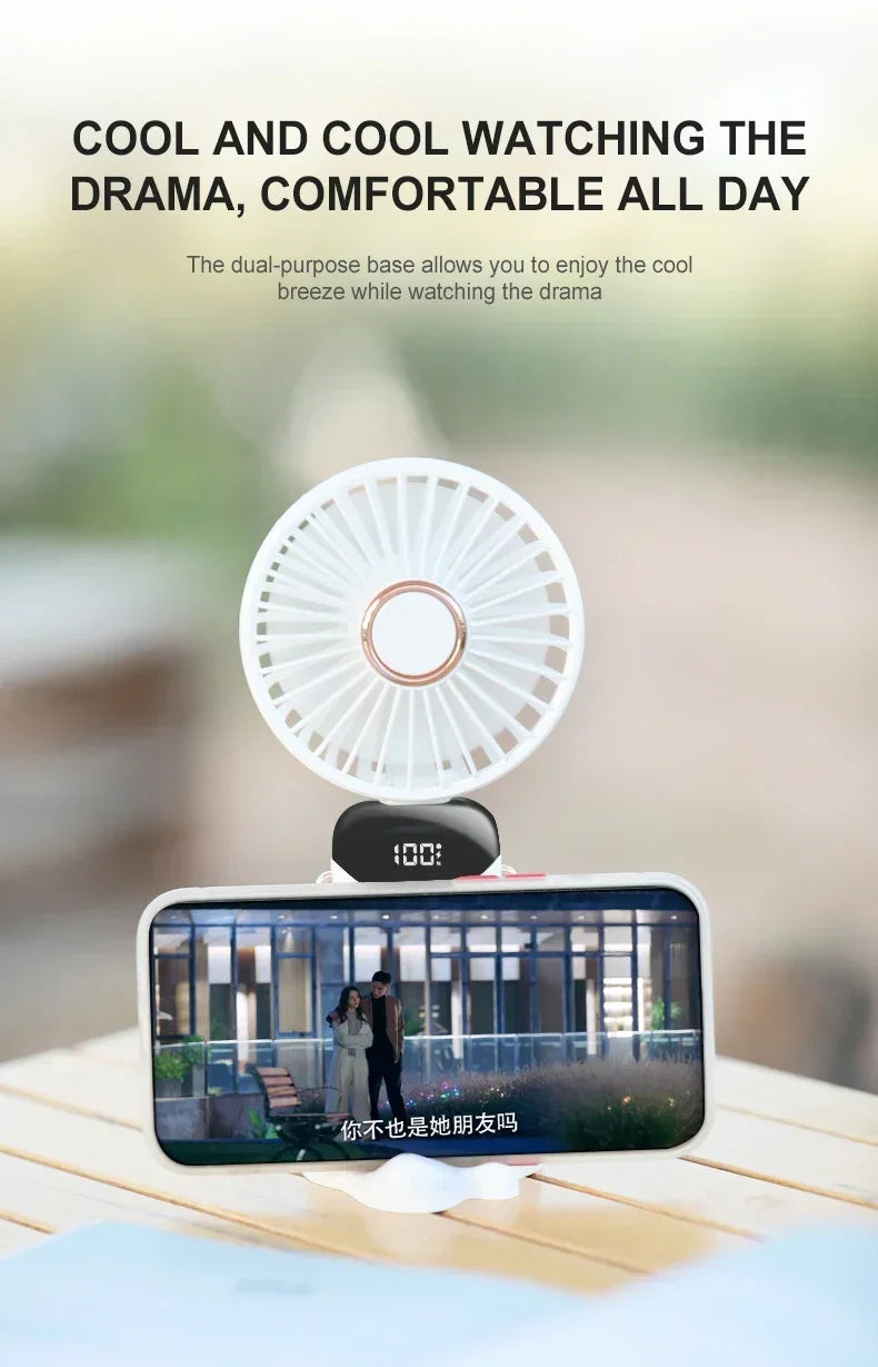 Portable Neck Fan with LED Display & Phone Stand – 1800mAh Rechargeable