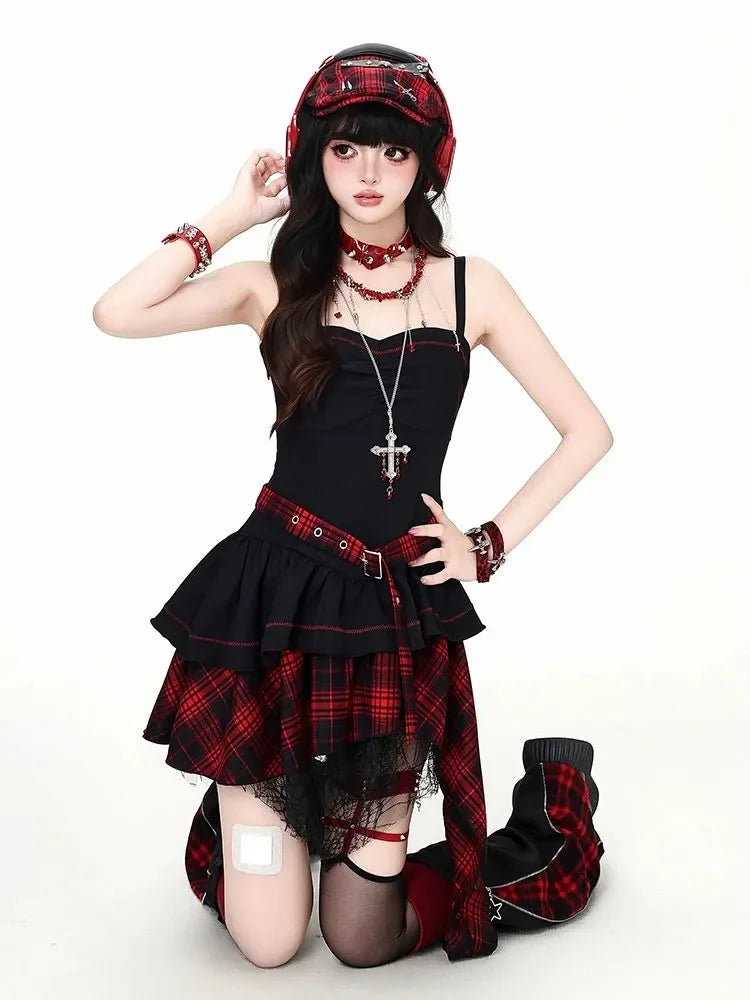 Gothic Y2K Punk Cami Dress Set Women Sheer Mesh Top High Waist