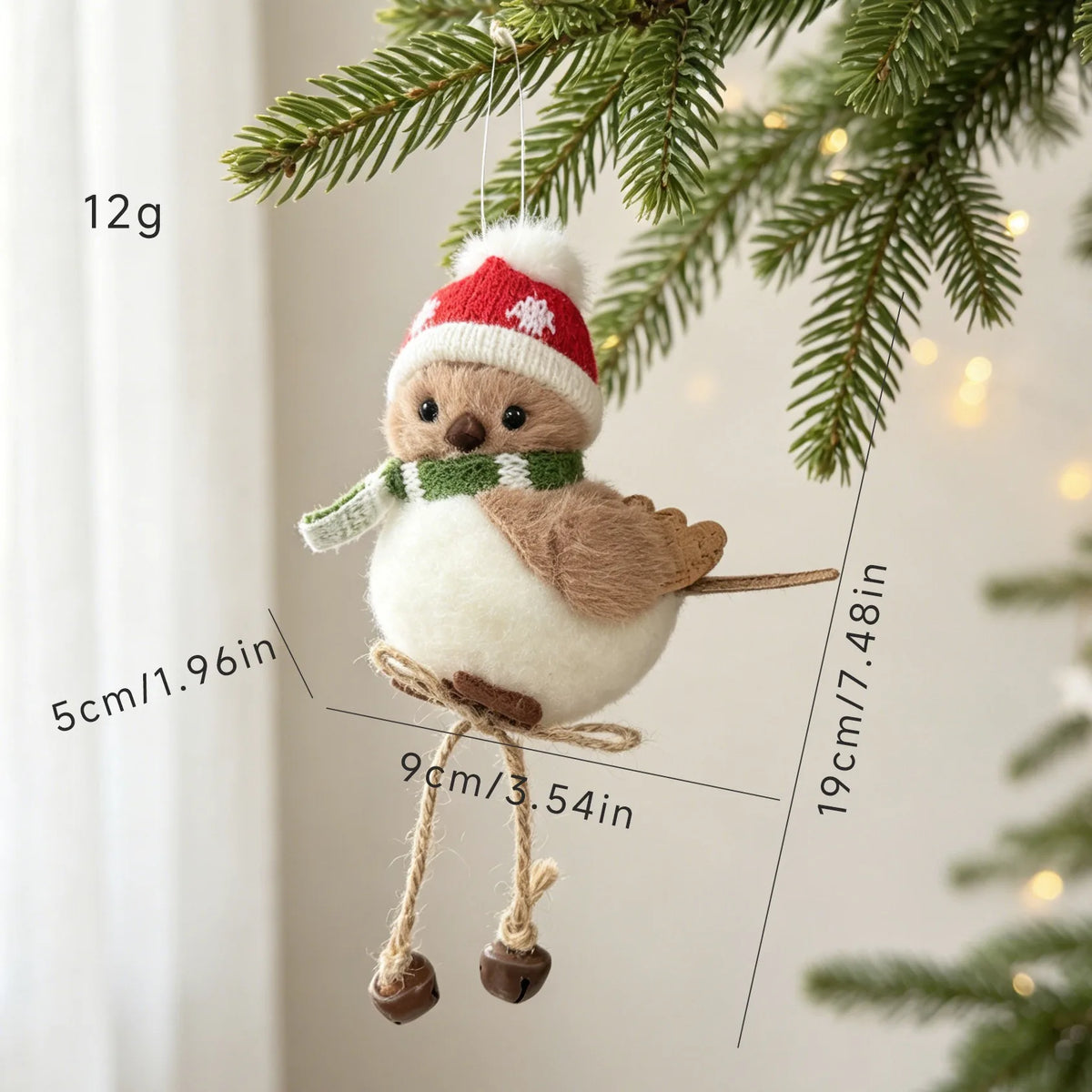 1pc Christmas Tree Hanging Ornament Cute Plush Bird with Santa Hat