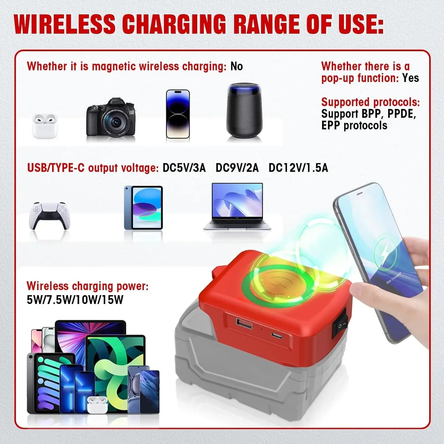 Li-ion Battery wireless Phone charger for Makita/Dewalt/Milwaukee18V with USB TYPE-C Port Fast charging Portable Power Bank