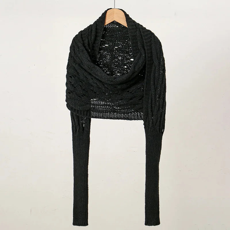 Woman Knitted Shawl Scarf With Long Sleeve Autumn Winter Outdoor Warm Soft Windproof Hollow Out Crop Top Shawl Scarf 210*33cm