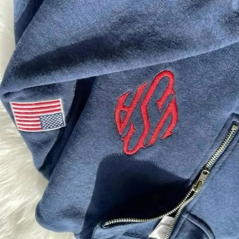 Quarter Zip Sweatshirt Y2K Navy Blue USA Embroidered American Flag Patchwork Jacket Men Women Retro Street Fashion Trend Top