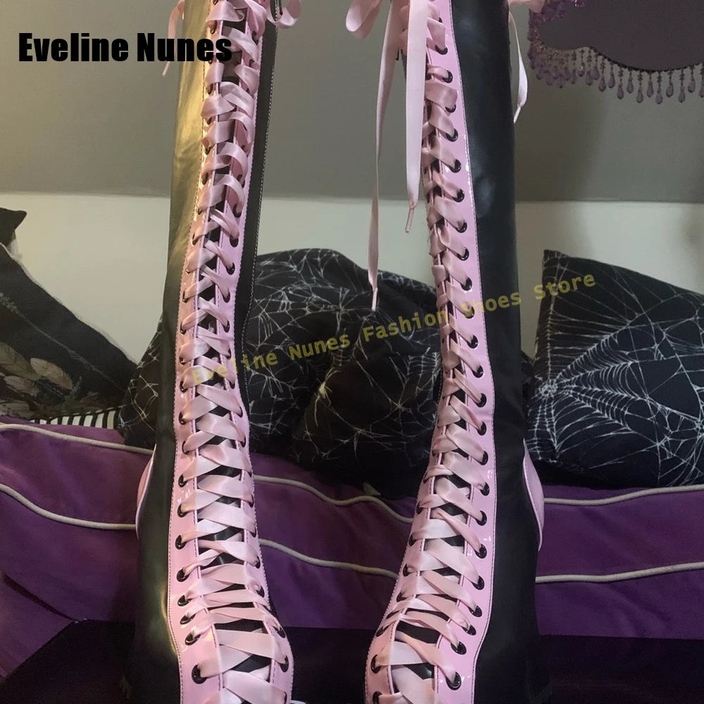 Y2K Black Pink Lace up Platform Long Boots Round Toe Gothic Chunky