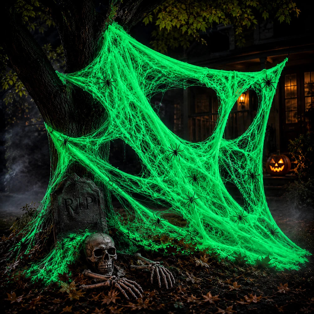 Glow In The Dark Spider Webs Halloween Decorations Fluorescent
