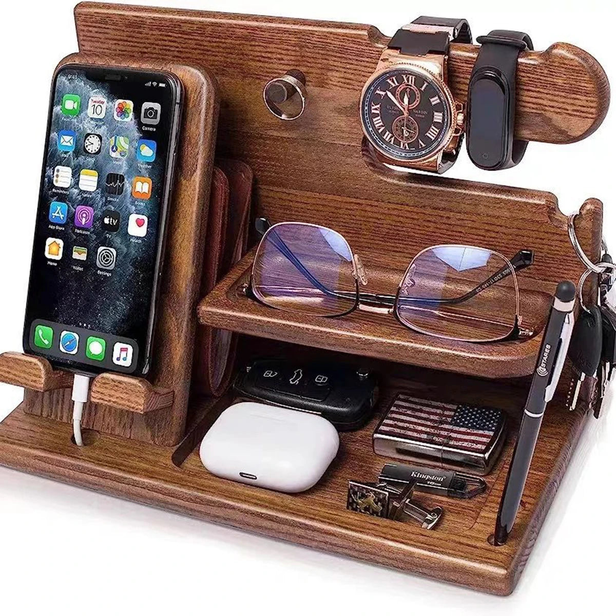Wood Phone Docking Station Fathers Gift Nightstand Desk Organizer Gifts for Birthday Xmas Gifts Key Holder Wallet Stand