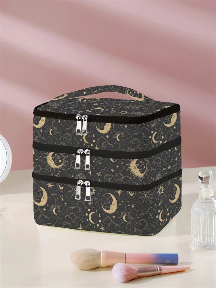 1Pc, Moon and Star Pattern 3-Layer Cosmetic Bag, Multi-Functional Makeup Management Bag, Bathtub Shower, Wallet, Portable Cosmetics, Lipstick, Brush, Skin Care Organizer 1Pc, Starry Sky Pattern 3-Layer Cosmetic Bag, Multi-Fun