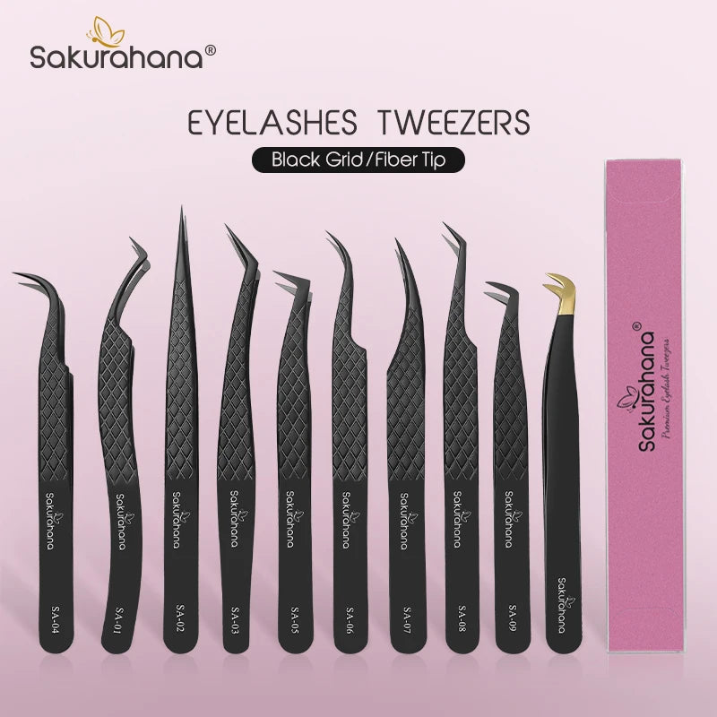 SAKURAHANA Professional Eyelash Tweezers Black Fiber Tip for Lash