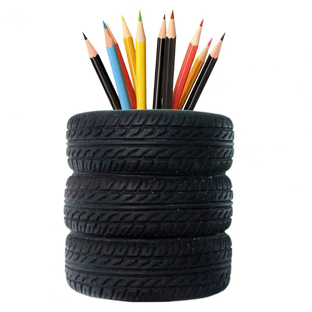 Car Tire Pen Holder 3-layer Car Tire Design Pen Holder Black Rubber Desk Organizer for Stationery Storage Organization Compact