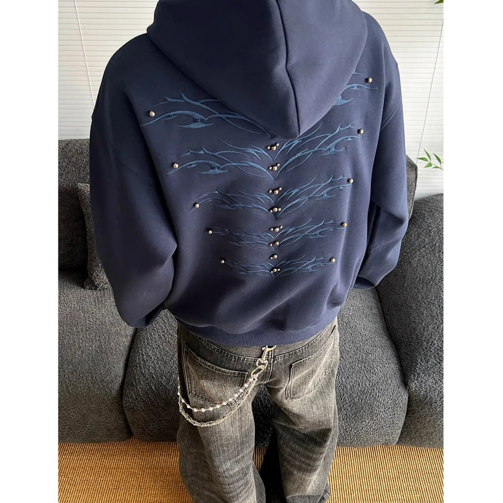 American Retro Spine Embroidered Metal Rivet Pullover Hooded Sweatshirt Men Women High Street Hip-Hop Loose Casual Streetwear