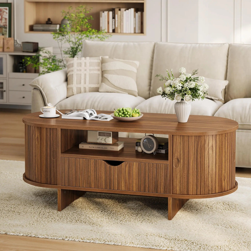 47.2in Oval Coffee Table with Storage Wood
