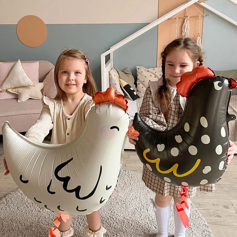2Pcs Chicken-Shaped Aluminum Foil Balloons Black & White Polka Dot Cartoon Standing Decorations for Children's Birthday Party