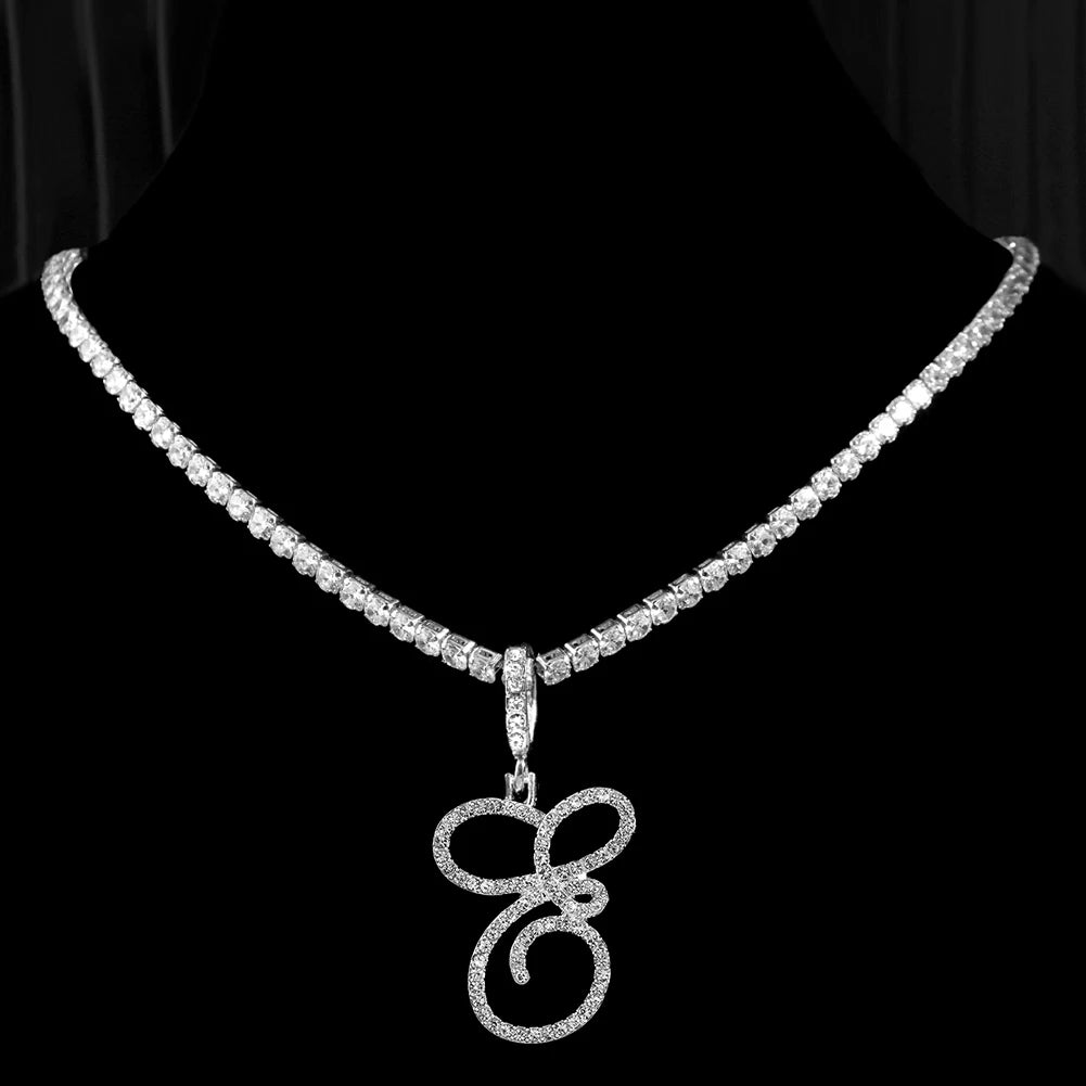 Cursive Letters Cubic Zirconia Chain Intial Name Necklace Hip Hop
