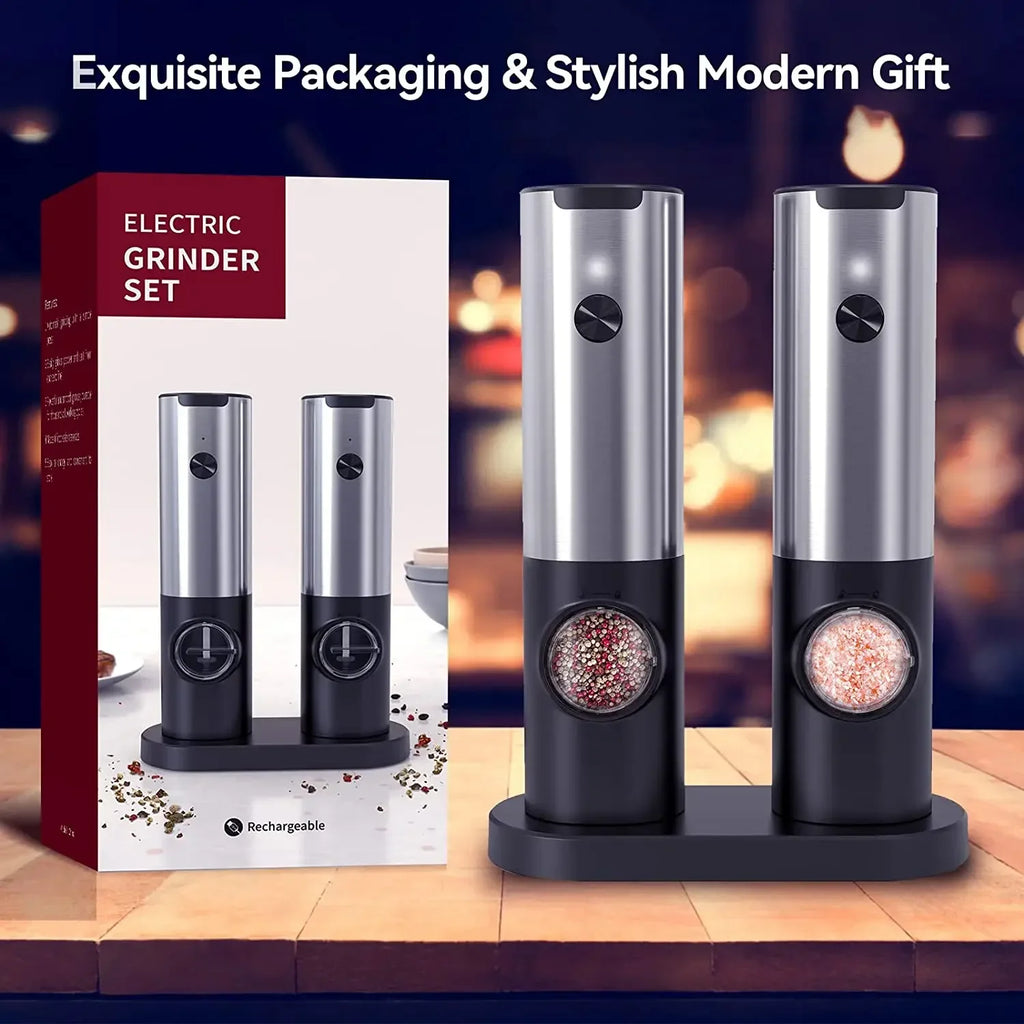 Electric Salt Pepper Grinder Set USB Rechargeable Automatic Spice Mill with LED Light Adjustable Coarseness Kitchen Gadget