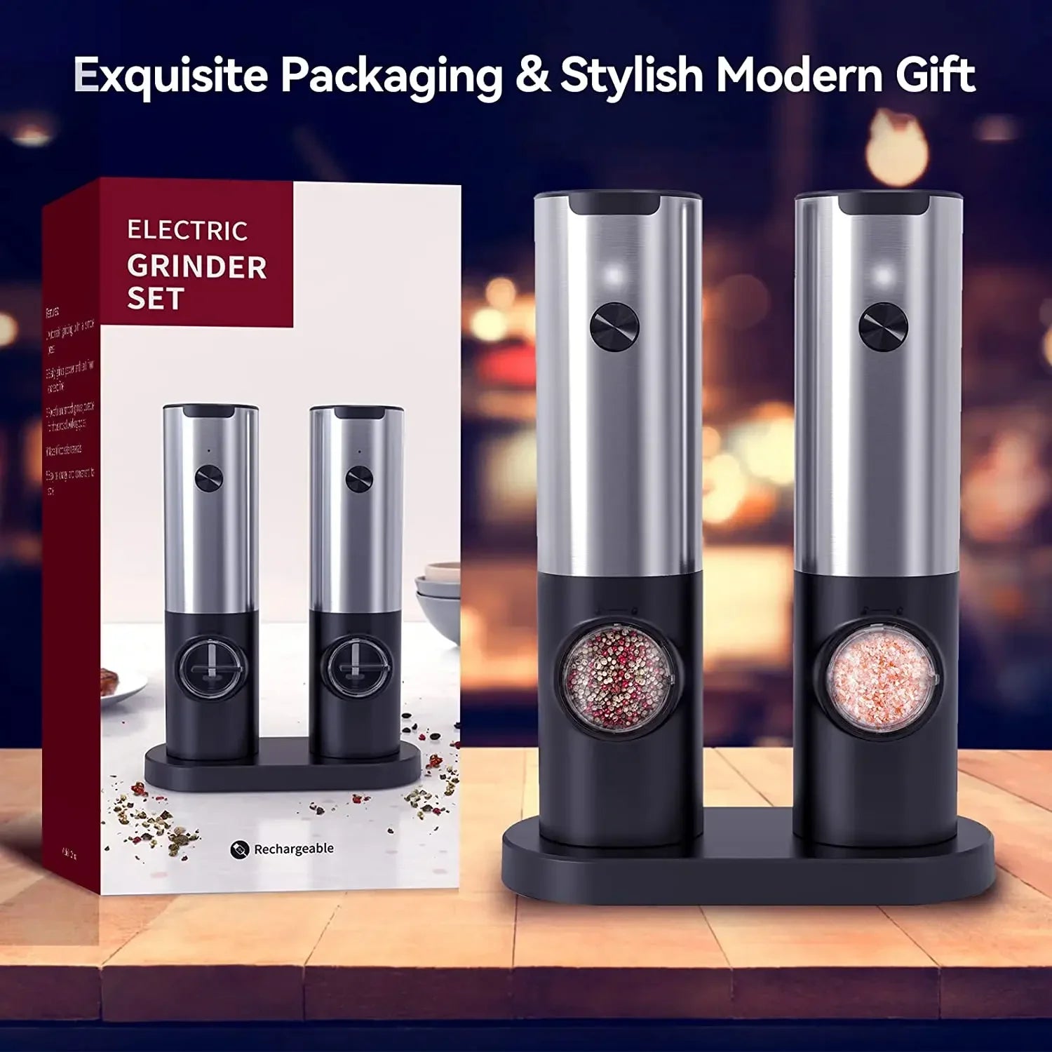 Electric Salt Pepper Grinder Set USB Rechargeable Automatic Spice Mill with LED Light Adjustable Coarseness Kitchen Gadget