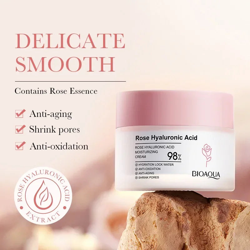 BIOAOUA Hyaluronic Acid Rose Essence Cream Shrink Pores Anti-oxidation Lock Water Hydrating Moisturizing Face Cream Skin Care