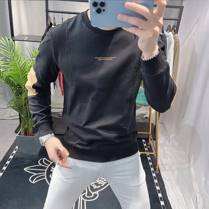 Slim Fit Black Hoodieless Sweatshirt for Men Round Neck Pullover White Male Clothes Crewneck Emo High Quality S Luxury Cheap Top