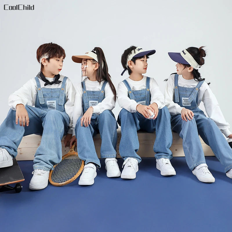 Boys Hip Hop Solid Sweatshirt Denim Loose Overalls Girls Crop Top Kids Dungaree Child Jumpsuit Street Dance Romper Streetwear