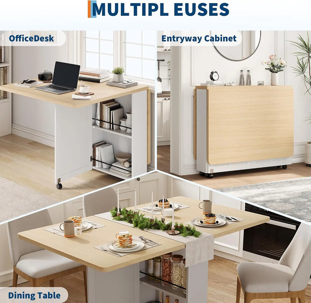 Folding Dining Table with Storage &amp; 6 Wheels