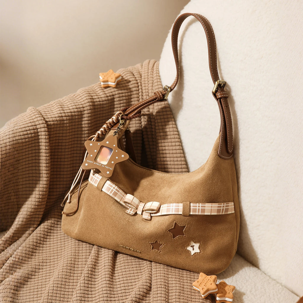 TOUTOU Y2K Bag Brown Plaid Bow Decoration + Cutout Star Pattern