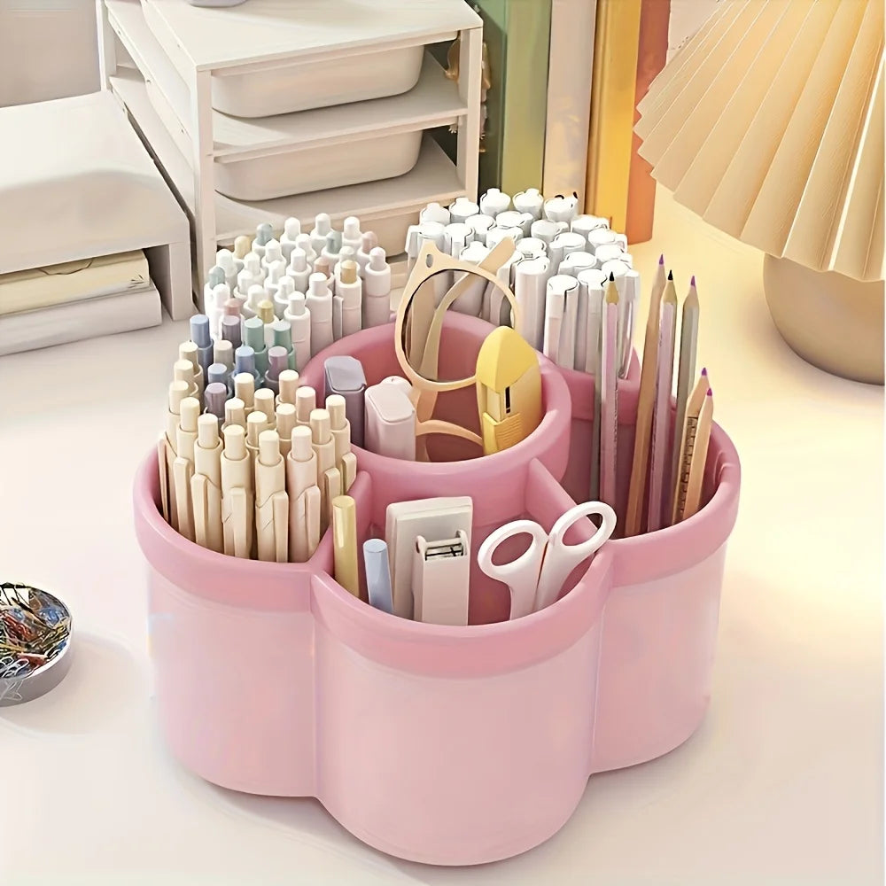 360° Rotating Desk Organizer, 6-Compartment Desktop Pen Holder, Plastic Office Supplies Storage Box for Desk, School and Home
