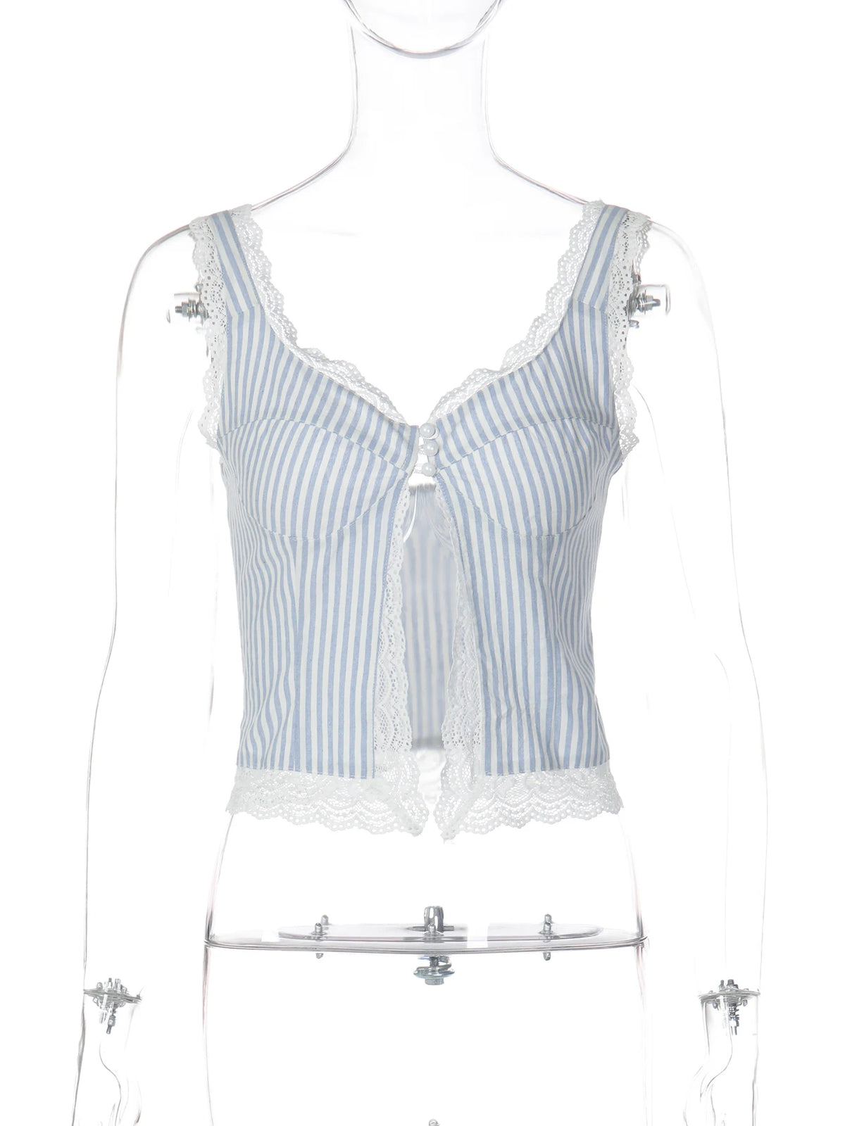 Dulzura Striped Lace Ruffles Patchwork Backless Slim Camisole - Blue