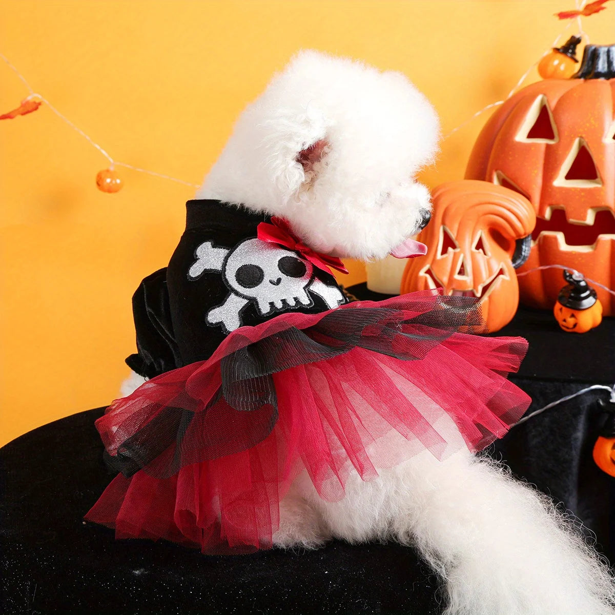 Halloween Pirate Wedding Dress Pet Clothes Dog Cat Black Thermal Dress Funny Red Skull Splicing Open Button Dress
