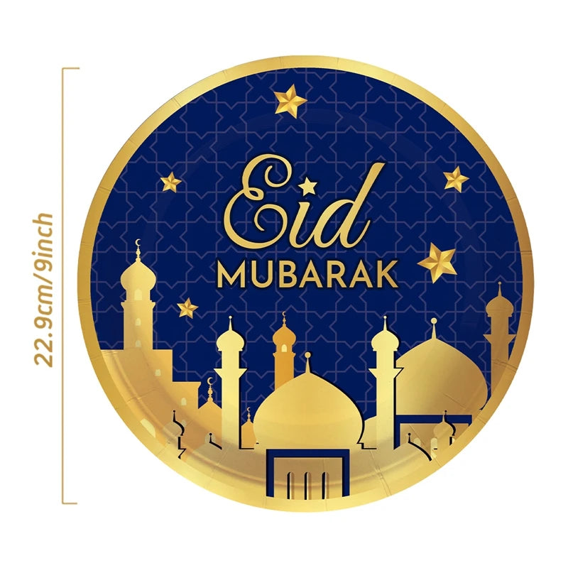 Blue Gold Eid Mubarak Ramadan Moon Festival Muslim Party Disposable Tableware Cups Plates Napkins Baby Shower Party Decorations