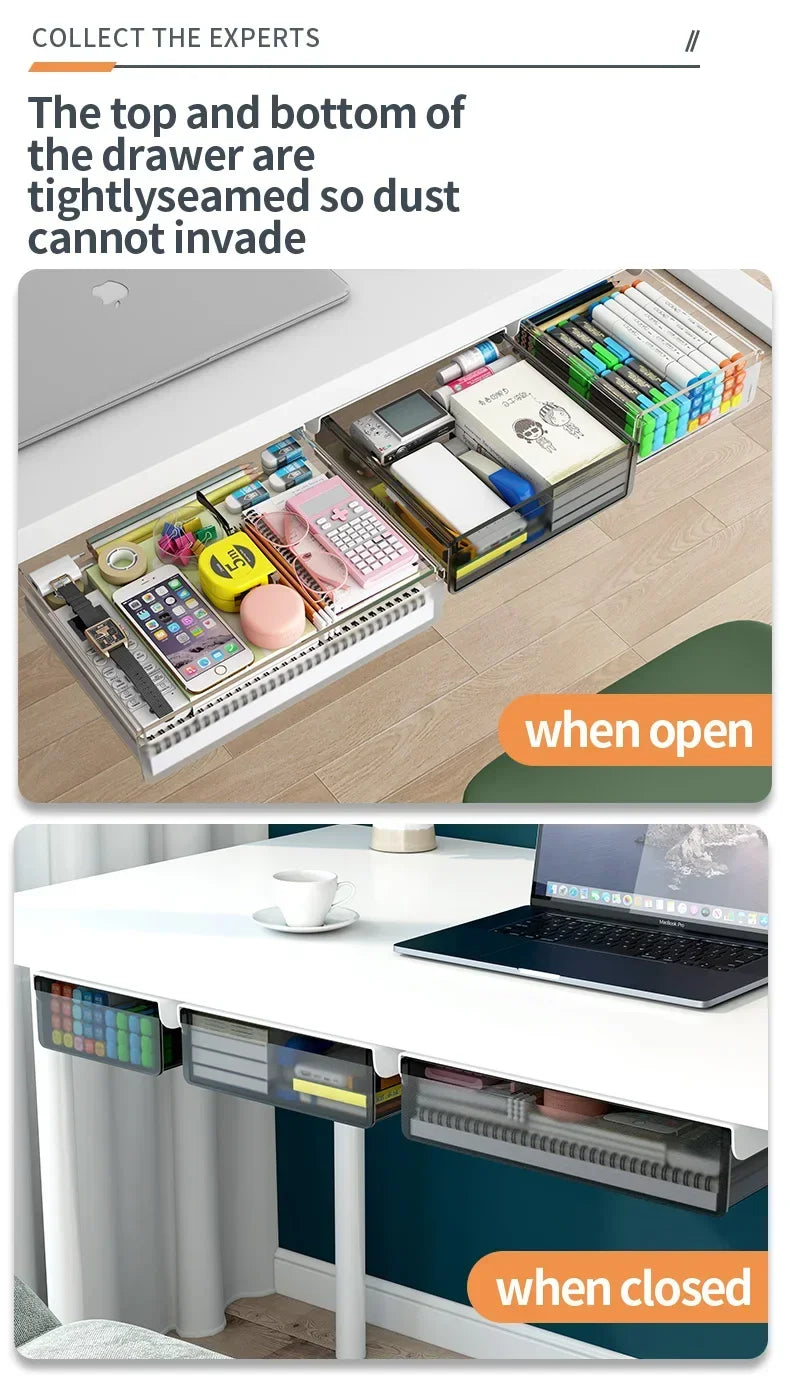 Transparent Under Desk Drawer Self Stick Hidden Storage Tray Quiet Pull Out Desk Organizer Accessory
