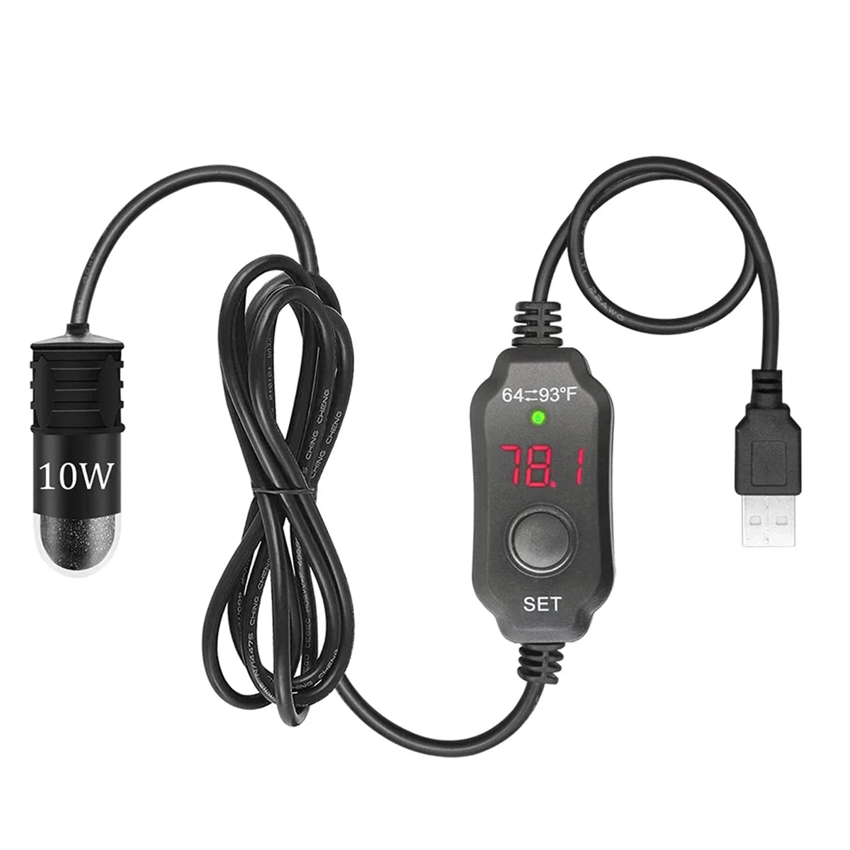 10W Adjustable Aquarium Heater Rod 18-34°C Mini USB Submersible Thermostat Heater with Digital Display for 1 to 5L Fish Tanks