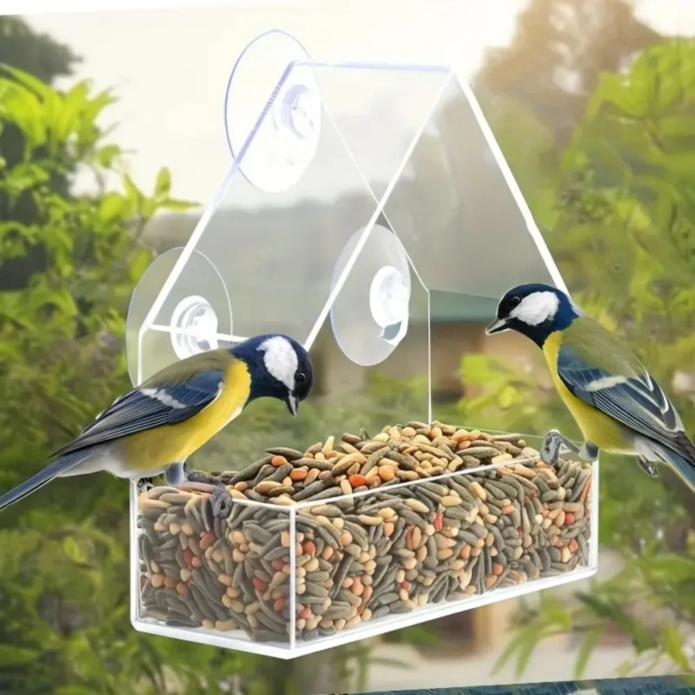 Acrylic Bird Feeder Clear Window Outside Hanging Bird Feeder House with Suction Cup for Garden Outdoor Backyard Wildlife Birding