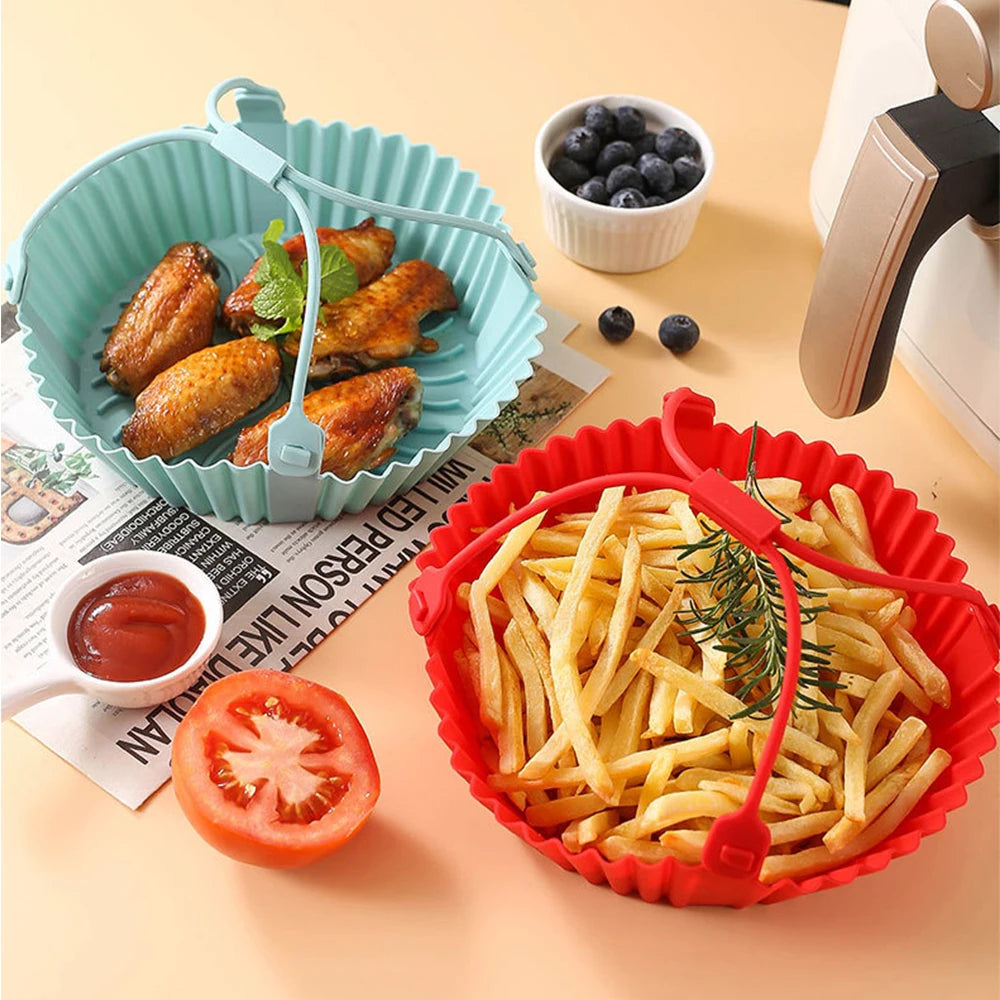 Reusable Air Fryer Baking Tray Silicone Airfryer Liner Oven Mat with Handle Basket Pizza Fried Chicken Grill Pan Mat For Kitchen