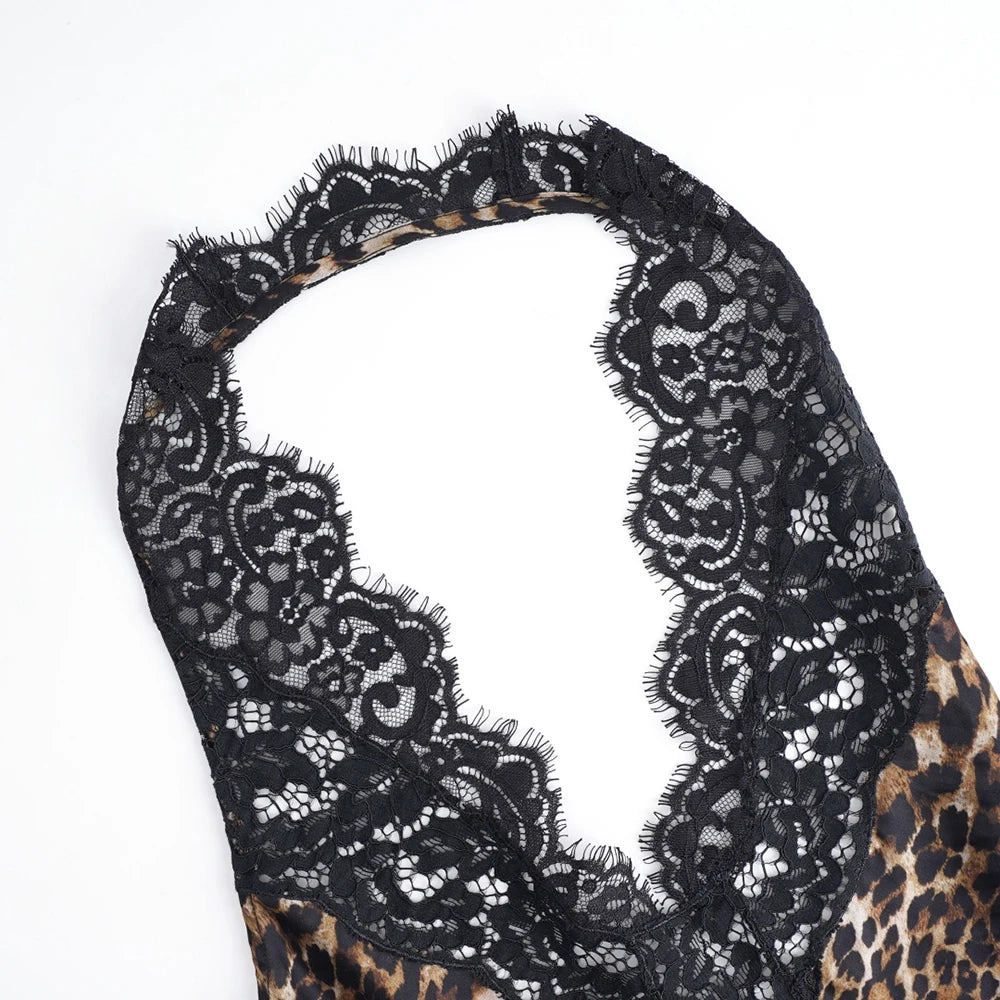 Women Leopard Print Halter Cami Top Lace Trim v Neck Sleeveless