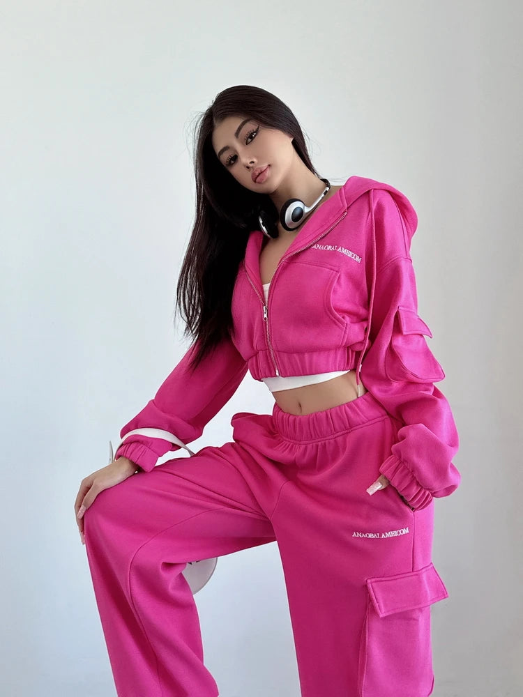 WOMENGAGA Short Zipper Sweatshirt Large Pocket Wide Leg Pants Two Piece Casual Plush Set For Winter Women Fashion Sweet 2PTB