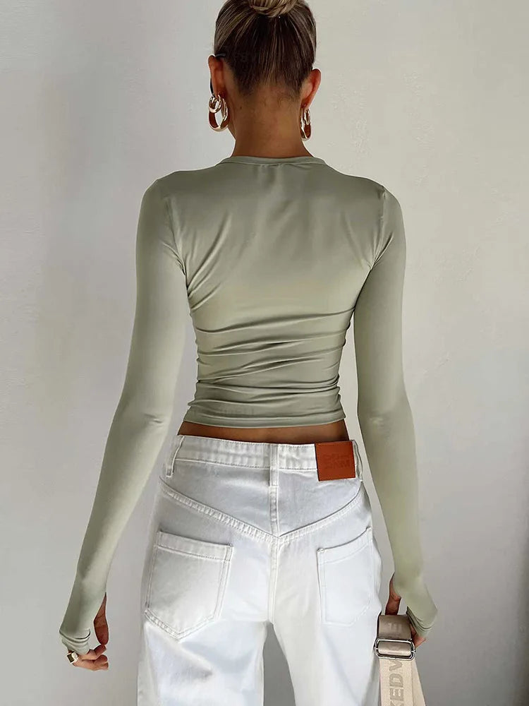 Fashion Women T-shirt Long Sleeve Crew Neck Solid Slim