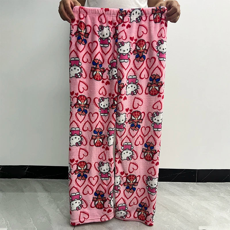 Kitty Spider-man Cotton Velvet Loose Pajamas Pajamas Long Pants Women's And Men's Cartoon Sleeping Casual Wear
