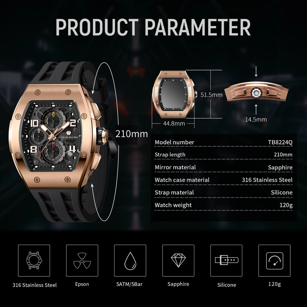 TSAR BOMBA TB8224Q Men's Rose Gold Tone Tonneau Quartz