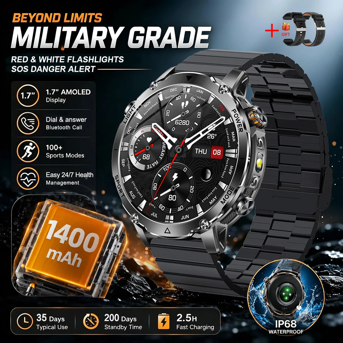 1400mAh Big Battery Smart Watch Men Outdoor GPS Flashlight