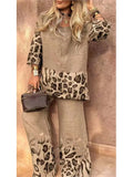 Fashion Leopard Print Set Lady Casual O Neck Three Quarter Tops+Wide Leg Pants 2 Pieces Set For Woman Holiday Womens Clothing