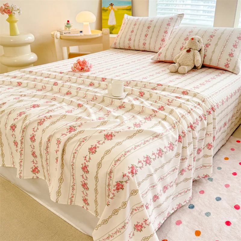 1pc Washed Cotton Flat Bed Sheets Single/Queen/King Size Bed Cover for Double Bed Flower Printed Soft Bed Sheets Top Sheets Set