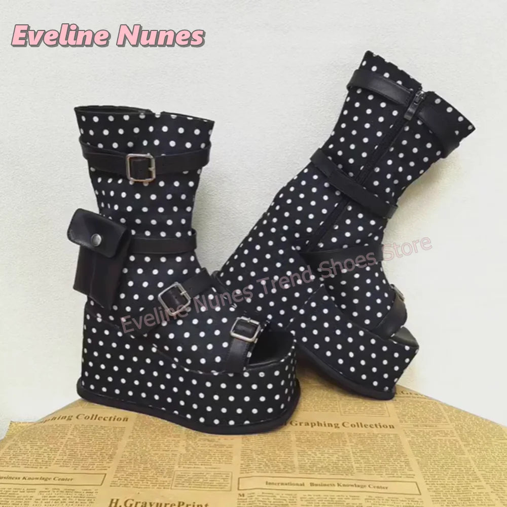 Vintage Polka Dot Platform Summer Boots Peep Toe Multi Buckle Mini