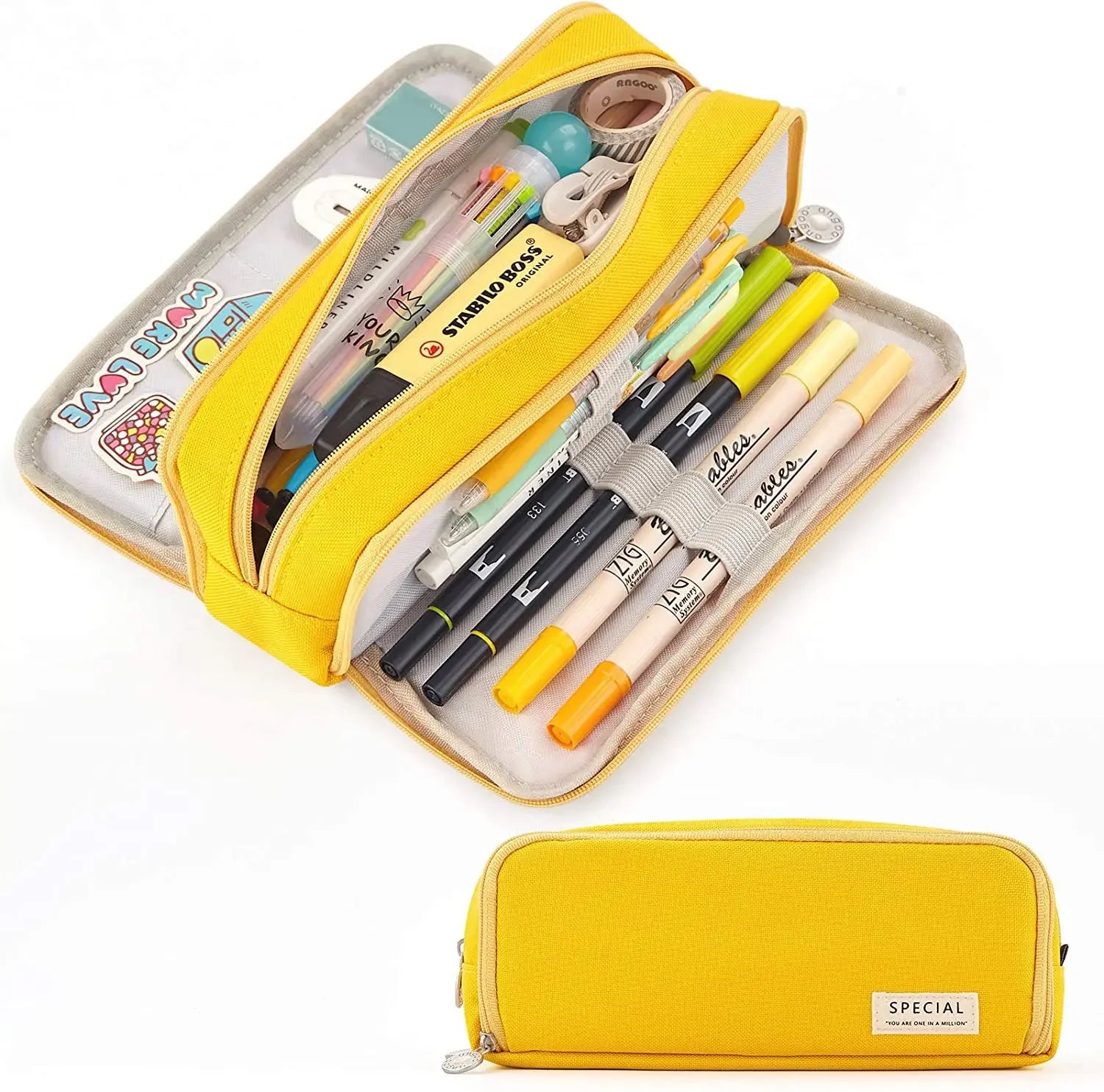 Large Storage Pencil Case-3-Compartment Bag, Double-Side Open, Student Stationery, Desk Organizer for School Use