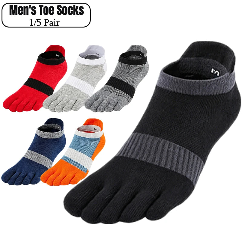 1/5 Pairs Men's Mesh Toe Socks Color Block Striped Low Cut Five Finger Running Sport Socks Breathable Anti-Bacterial Toe Socks