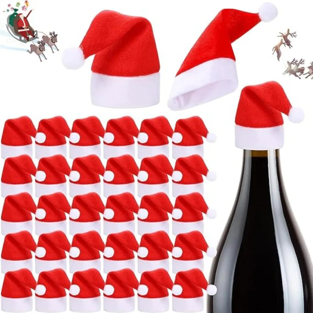 30/60PCS Mini Santa Hat Decor Xmas Wine Bottle Topper Candy Wrapper Christmas Tree Pendant Ornament Holiday 2026 Party Favors