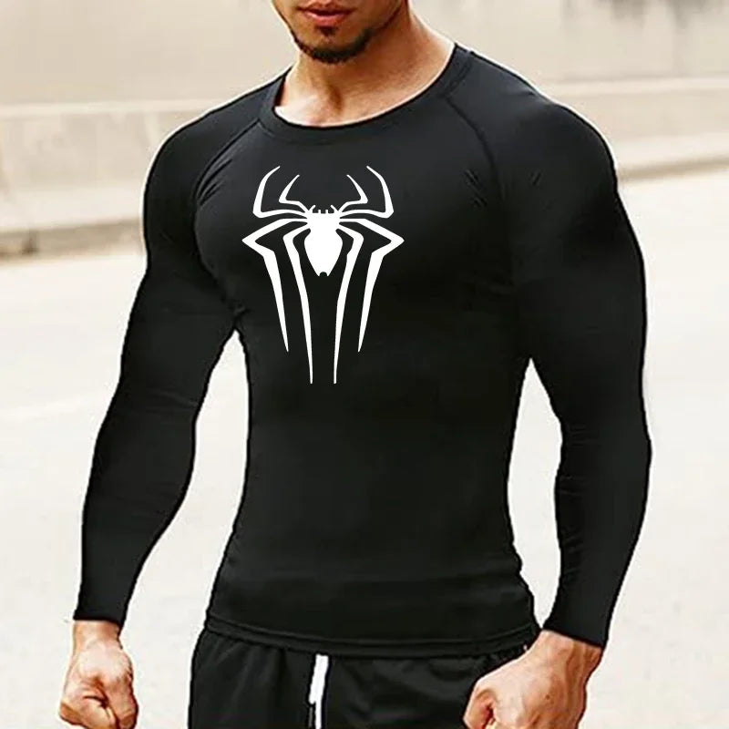 Spider Print Long Sleeve Compression Shirts for Men Gym