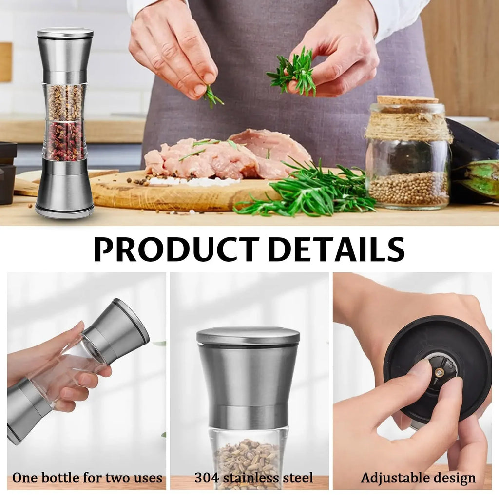 2-in-1 Adjustable Pepper Salt Grinder - Rustproof Stainless Steel Manual Mill with Double Heads & Coarseness Control